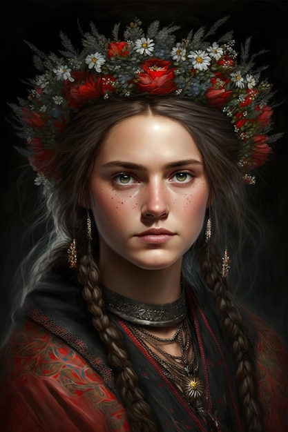 Ritratto di una donna slava bella ragazza con una corona sulla testa generativa ai