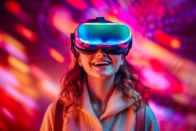 Ritratto di una donna sorridente in abiti casual che indossa occhiali per realtà virtuale e gioca con la luce neo sfocata sullo sfondo di colore neo AI Generativo