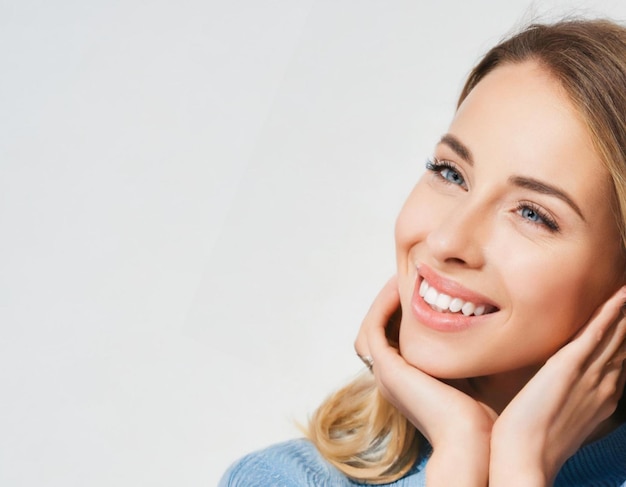 ritratto di una donna sorridente piuttosto giovane sorriso femminile felice su spazio di copia su mani sullo sfondo bianco