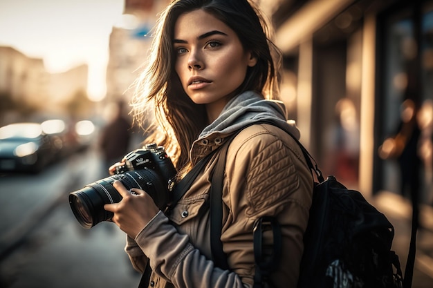 Ritratto di una donna viaggiatrice che fotografa per strada Ai generato