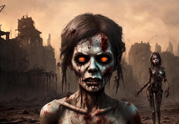 Ritratto di una donna zombie sullo sfondo di una città distrutta Concetto di Zombie Apocalypse