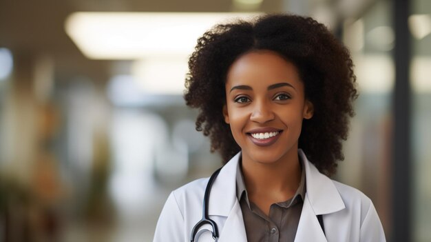 Ritratto di una dottoressa afroamericana in piedi in una clinica