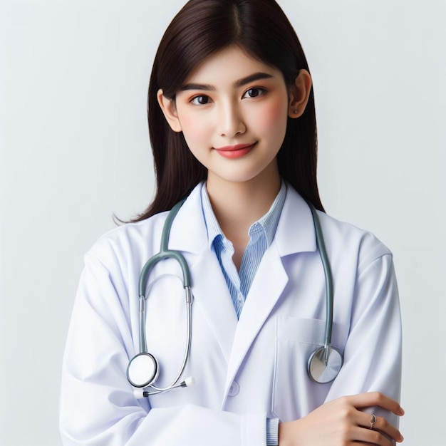 Ritratto di una dottoressa asiatica in cappotto medico in piedi su uno sfondo bianco isolato