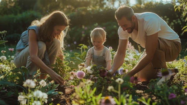 Ritratto di una famiglia che pianta fiori insieme nel loro giardino