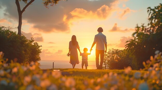 Ritratto di una famiglia felice che cammina nel parco durante il tramonto AI generativa