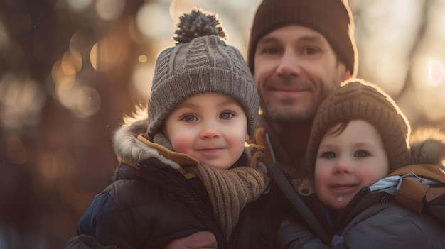 Ritratto di una famiglia felice Un padre e i suoi due figli sorridono e guardano la telecamera