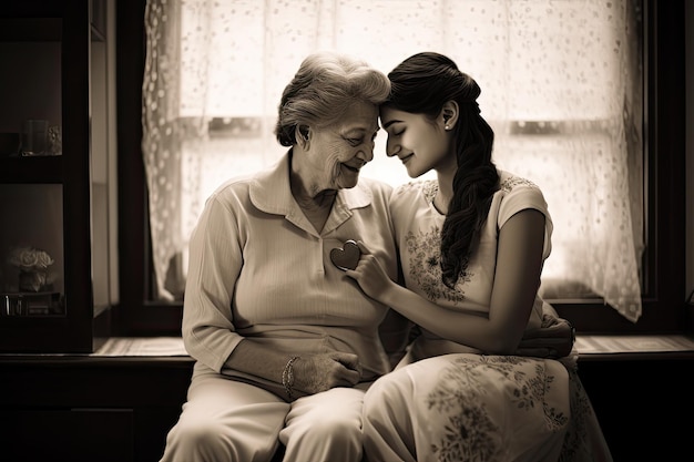 Ritratto di una felice coppia anziana seduta a casa vicino alla finestra Dolce momento di espressione d'amore tra una madre in pensione e la sua figlia amorevole che indossa abiti abbinati a casa Generato dall'IA