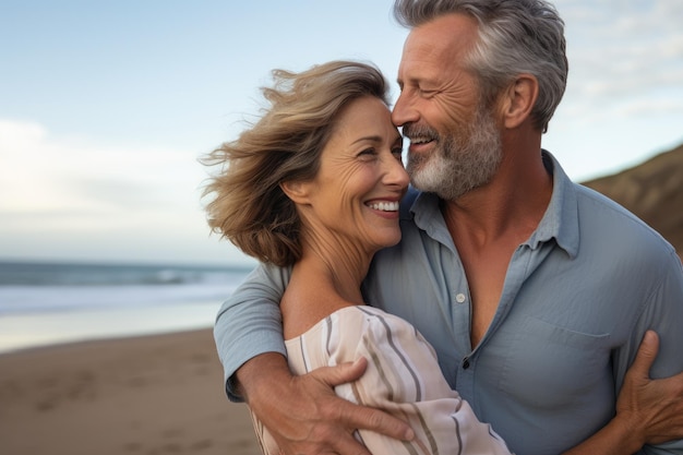 Ritratto di una felice coppia di anziani che si abbracciano sulla spiaggia durante una giornata di sole Gioiosa coppia di mezza età un uomo e una donna che condividono un abbraccio amorevole su una spiaggia Generato dall'IA