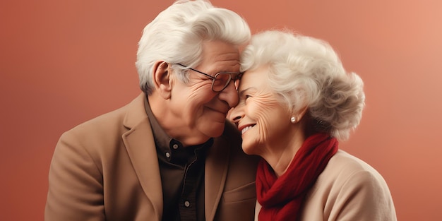 Ritratto di una felice coppia di anziani su sfondo rosso
