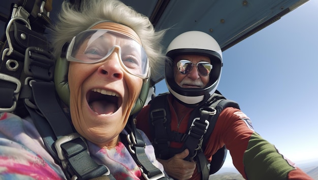 Ritratto di una felice coppia di paracadutisti con casco da aviatore