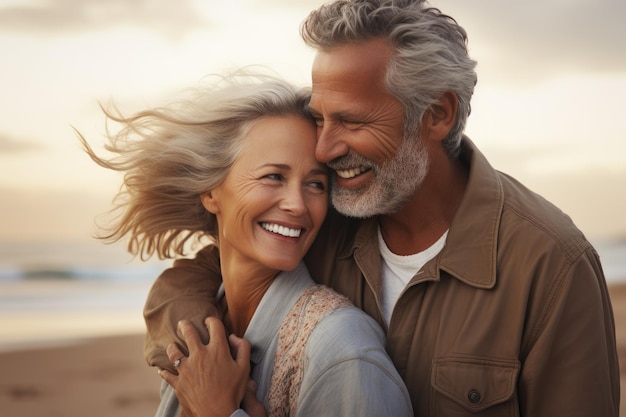 Ritratto di una felice coppia matura che si abbraccia sulla spiaggia al tramonto Gioiosa coppia di mezza età un uomo e una donna che condividono un abbraccio amorevole su una spiaggia Generato dall'IA