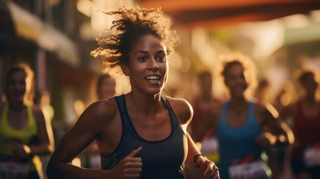 Ritratto di una felice donna afroamericana che corre in città di notte