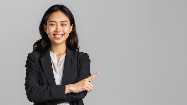 Ritratto di una felice donna d'affari asiatica che indica con il dito uno spazio di copia isolato su uno sfondo bianco
