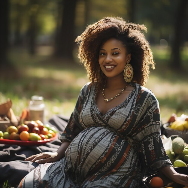 Ritratto di una felice donna incinta africana che si diverte a fare un picnic nel parco