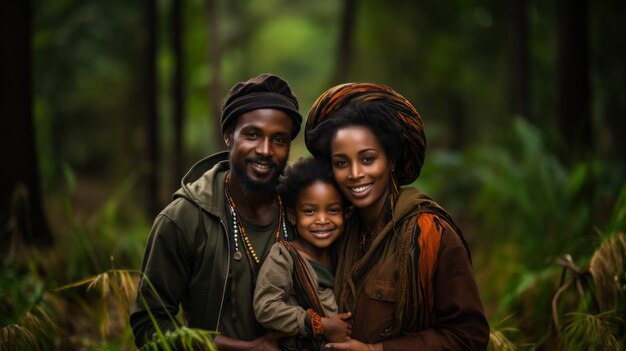 Ritratto di una felice famiglia africana con un bambino nella foresta Matemwe Zanzibar