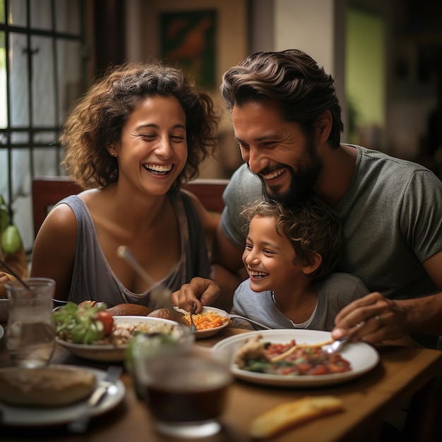 Ritratto di una felice famiglia latina che cena insieme AI generativa