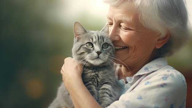 Ritratto di una felice vecchia donna dai capelli grigi con un gatto