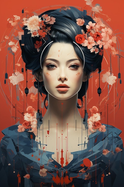 Ritratto di una geisha cosmica nello stile di un collage fotografico futurista retrò