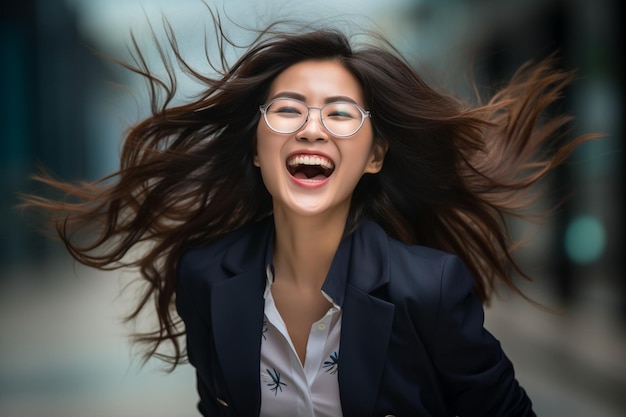 Ritratto di una gioiosa donna d'affari asiatica con gli occhiali
