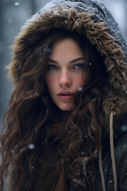 Ritratto di una giovane bella donna in una foresta innevata d'inverno