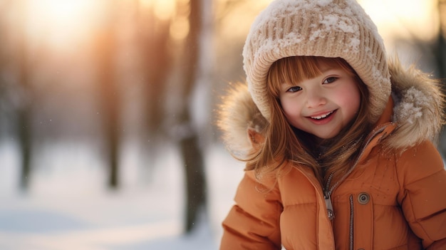 Ritratto di una giovane, bella, sorridente e felice bambina con sindrome di Down sullo sfondo