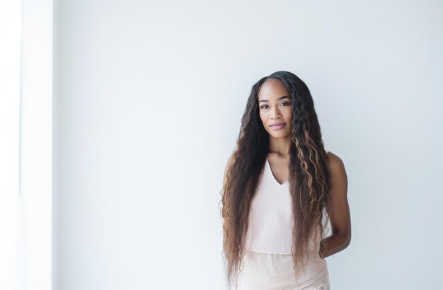 Ritratto di una giovane bellissima donna afroamericana con i capelli lunghi e ricci