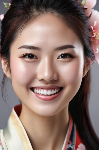 Ritratto di una giovane bellissima donna giapponese coreana sorriso viso felice moda ragazza asiatica