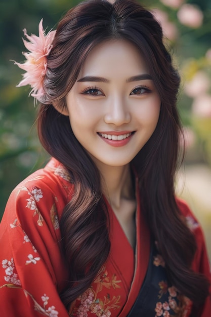 Ritratto di una giovane bellissima donna giapponese coreana sorriso viso felice moda ragazza asiatica