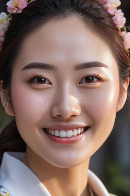 Ritratto di una giovane bellissima donna giapponese coreana sorriso viso felice moda ragazza asiatica