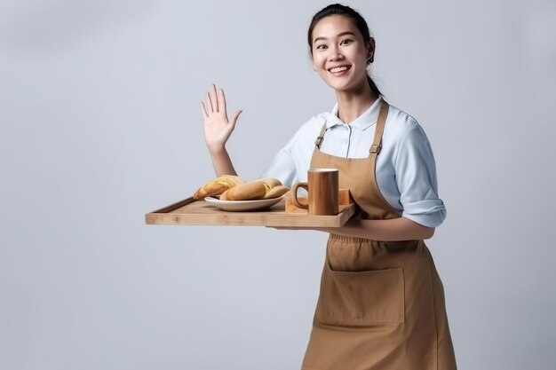 Ritratto di una giovane cameriera asiatica barista che indossa un invito al cliente alla sua caffetteria Sorridente cameriera donna che lavora mano tiene pane e bevanda caffè Genera ai