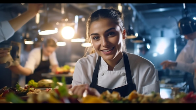 Ritratto di una giovane chef sorridente in piedi con verdure tagliate in cucina