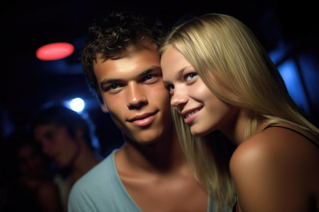 Ritratto di una giovane coppia che si diverte mentre è fuori in una discoteca creata con l'IA generativa