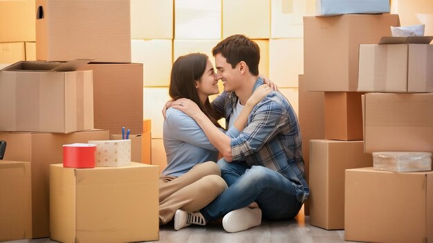 Ritratto di una giovane coppia con scatole in movimento