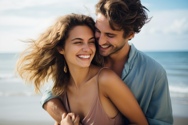 Ritratto di una giovane coppia felice che si abbraccia in piedi sulla spiaggia Una bella coppia giovane che sorride in una giornata estiva sulla spiaggia Generata dall'IA