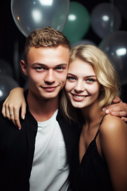 Ritratto di una giovane coppia felice che si unisce a una festa creata con l'AI generativa