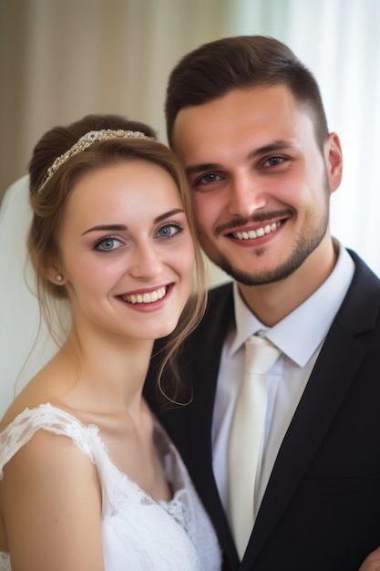 Ritratto di una giovane coppia felice il giorno del loro matrimonio creato con l'IA generativa