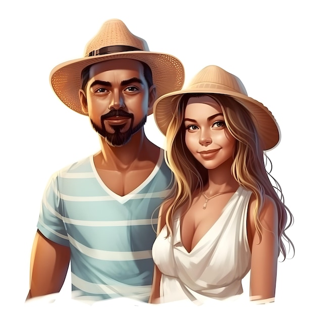 Ritratto di una giovane coppia in cappelli isolati su sfondo bianco