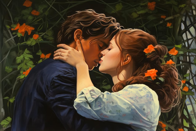 Ritratto di una giovane coppia innamorata dipinto a olio su tela