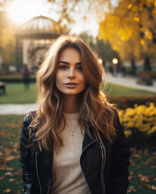 Ritratto di una giovane donna affascinante in autunno Una giornata casuale nel parco La serenità del parco cittadino Lo svago urbano