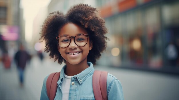 ritratto di una giovane donna afroamericana con gli occhiali che sorride alla telecamera