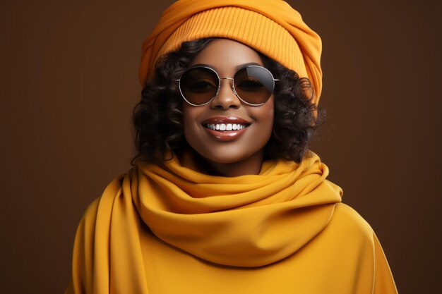 Ritratto di una giovane donna afroamericana positiva e felice che indossa un turbante giallo e un etnico giallo