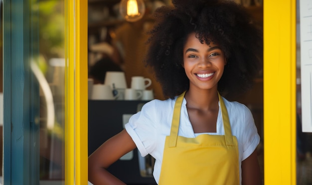 Ritratto di una giovane donna afroamericana riccia proprietaria di una piccola caffetteria