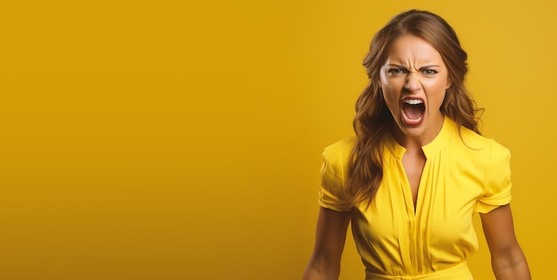 Ritratto di una giovane donna arrabbiata e frustrata che grida emozione negativa del viso aggressivo giallo