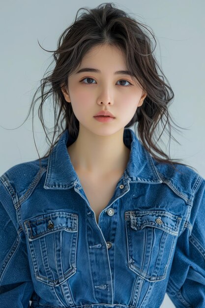 Ritratto di una giovane donna asiatica con una giacca di denim casuale su uno sfondo chiaro
