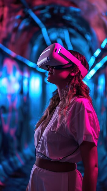 Ritratto di una giovane donna attraente che guarda la realtà virtuale in una stanza con luci al neon AI generativa