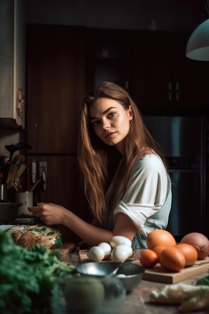 Ritratto di una giovane donna attraente che prepara il cibo in una cucina creata con l'IA generativa