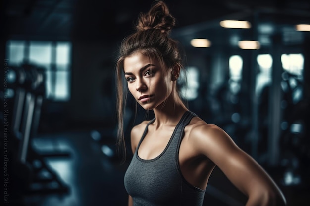 Ritratto di una giovane donna attraente che si allena in palestra creato con l'AI generativa