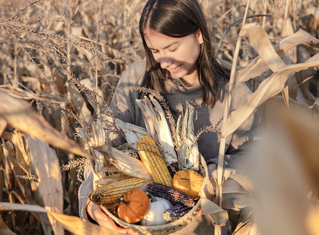 Ritratto di una giovane donna attraente in un campo di mais autunnale tra foglie secche con un raccolto in mano.