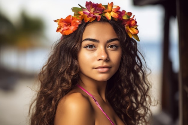 Ritratto di una giovane donna attraente sulla spiaggia tropicale