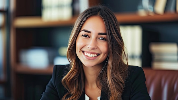 Ritratto di una giovane donna avvocato o avvocato che lavora in ufficio sorridendo e guardando la telecamera